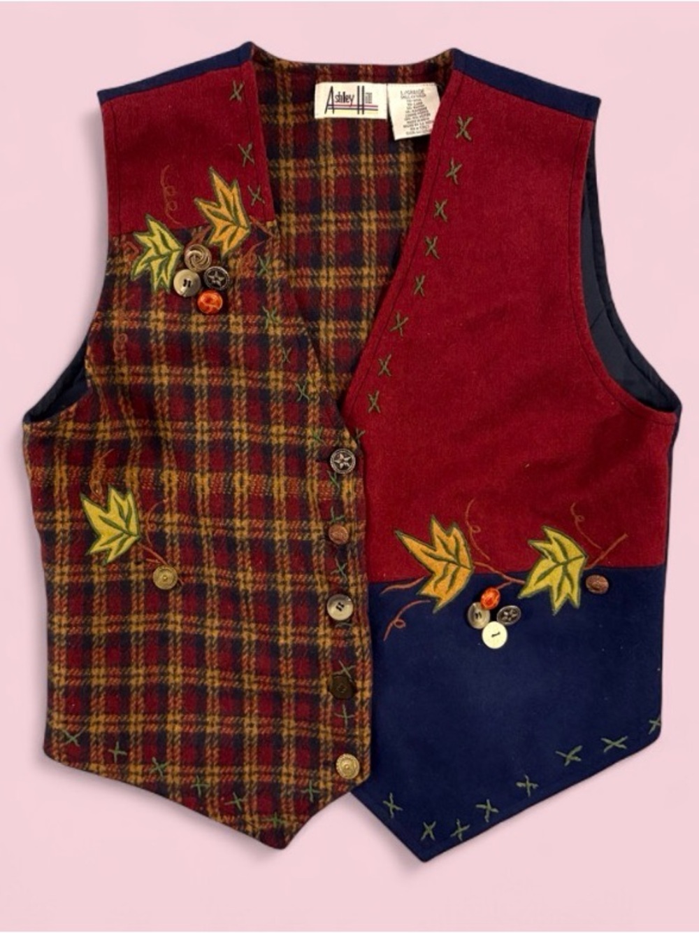 Vintage Ashley Hill Wool Patchwork Plaid Fall Vest Size L